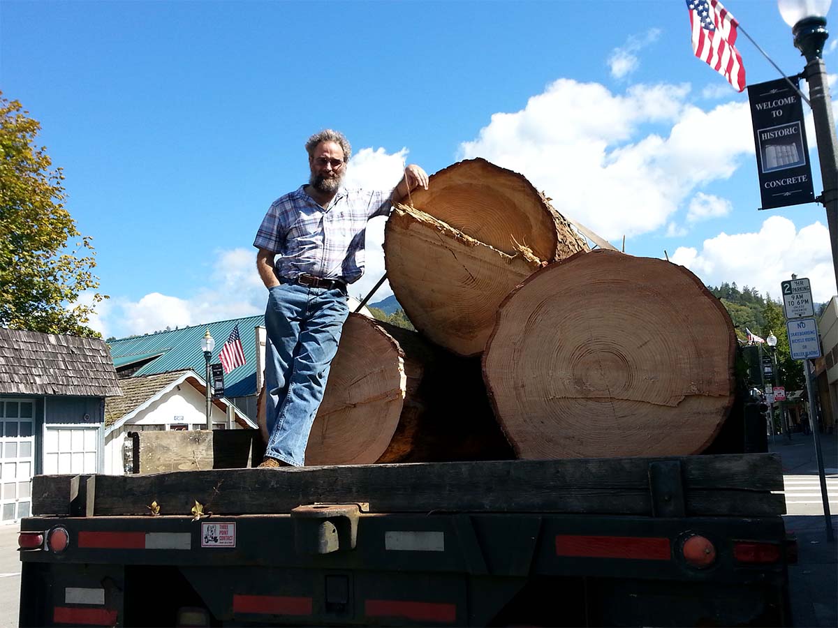 Man standing on a truck bed with large logs against a blue sky.